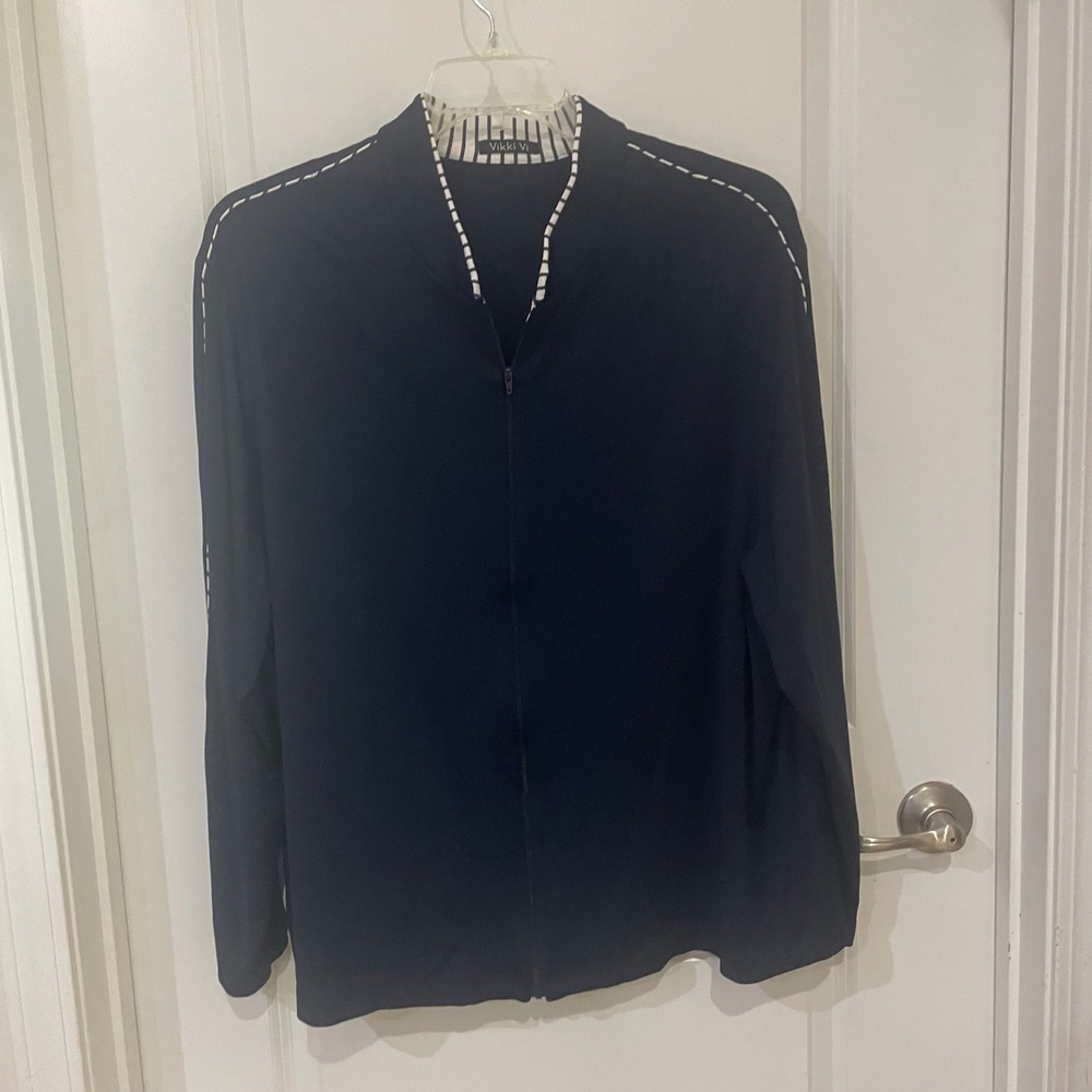 Vikki Vi Navy Blue Slinky Knit Zip Front Jacket White Topstitch Plus Size 3X